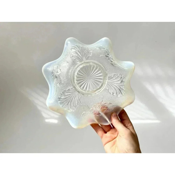 Vintage 1905 EAPG "Blossoms Palms" White Opalescent Glass Floral Bowl - 8" - Picture 2 of 10